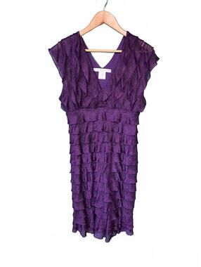 Studio M Deep Purple Metallic Layered Ruffle Sheath Cocktail Party Dress L